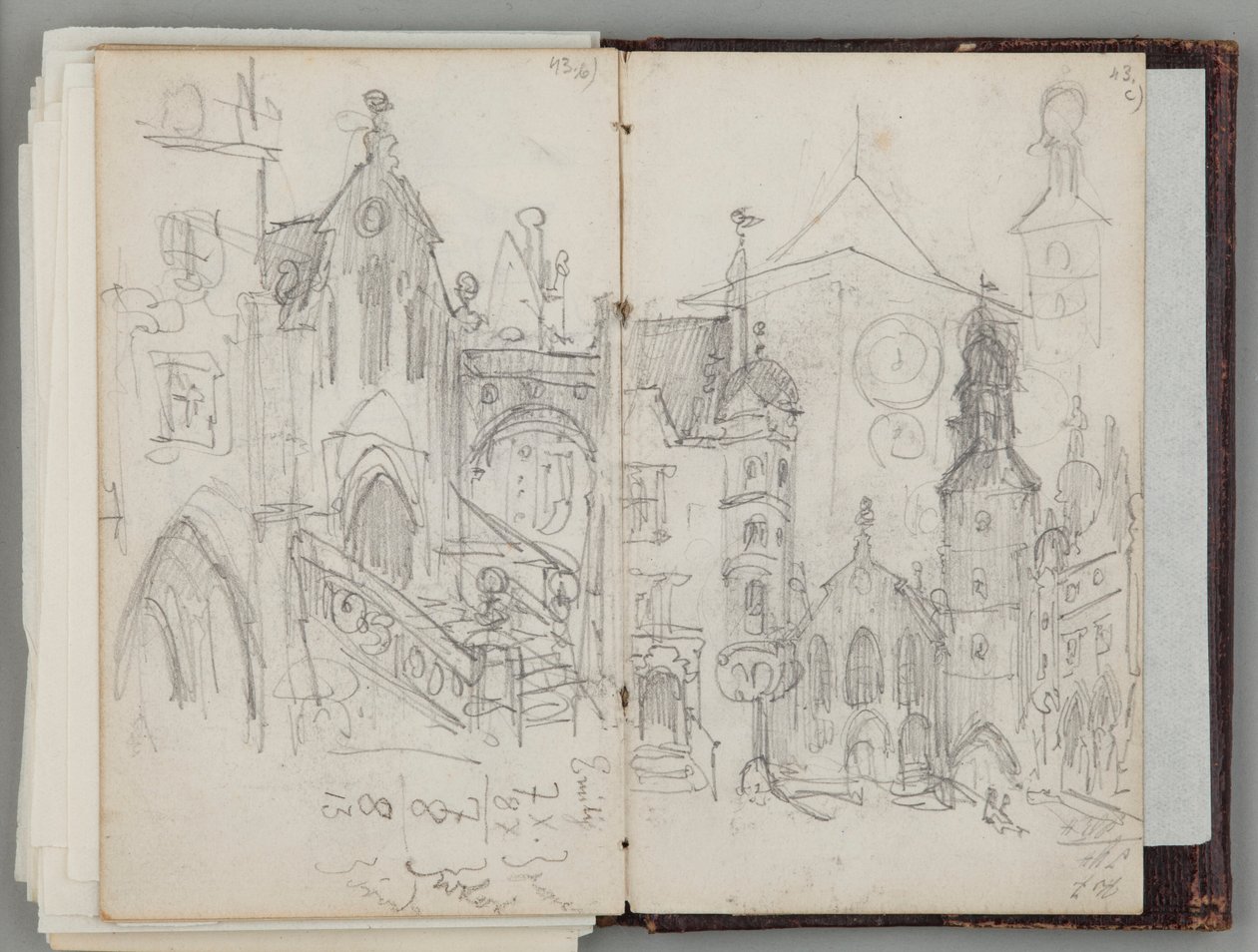 Jan Matejko müncheni vázlatfüzete. Egyoldalas rajz. Előlap: a müncheni régi Marienplatz tanulmánya és tornyok tanulmánya. alkotó: Jan Matejko