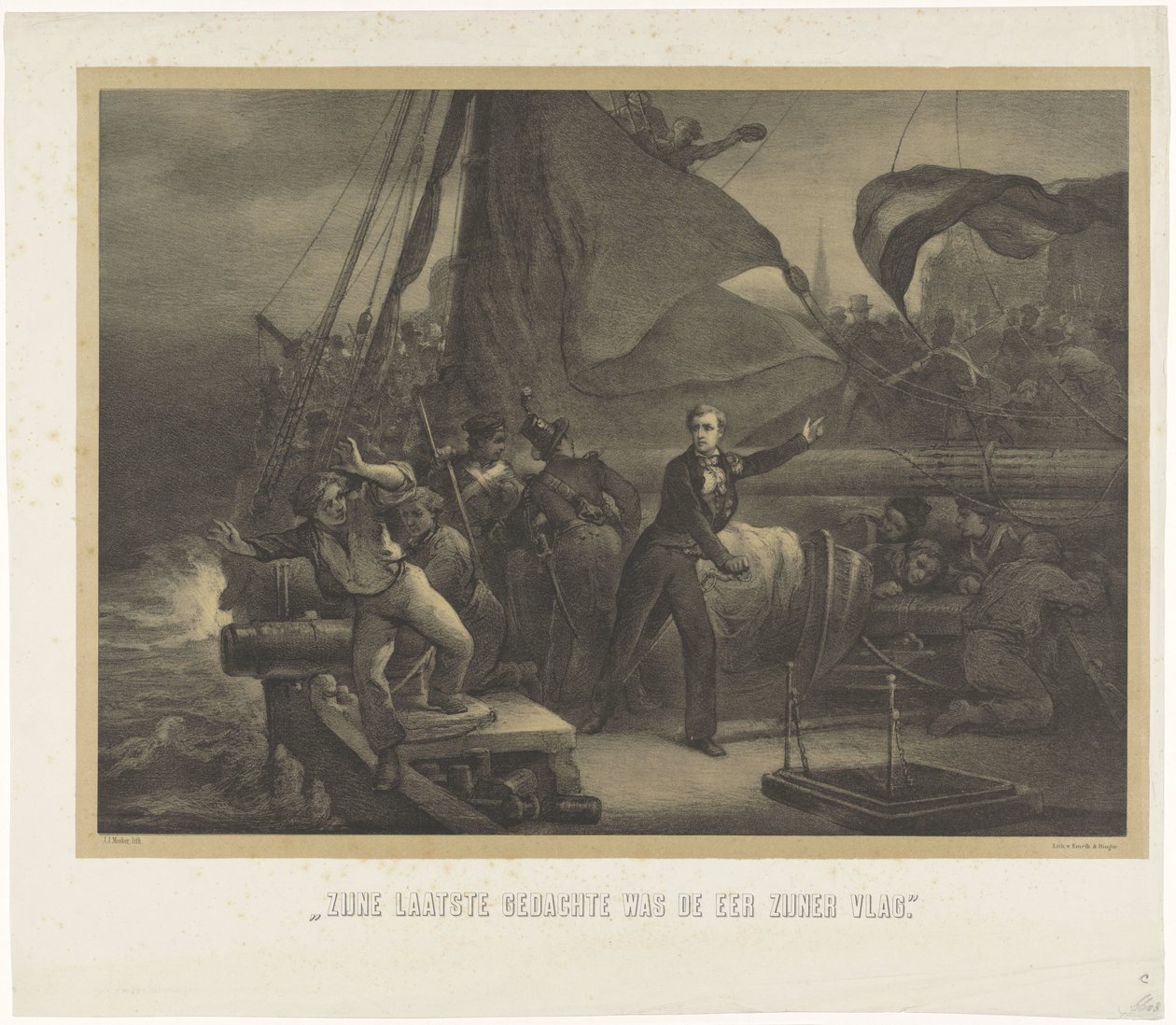 Jan van Speijk a biztosítékot készül kidobni a raktérbe, 1831 Utolsó gondolata a zászlója tisztelete volt (cím a tárgyon) alkotó: Jan Mesker