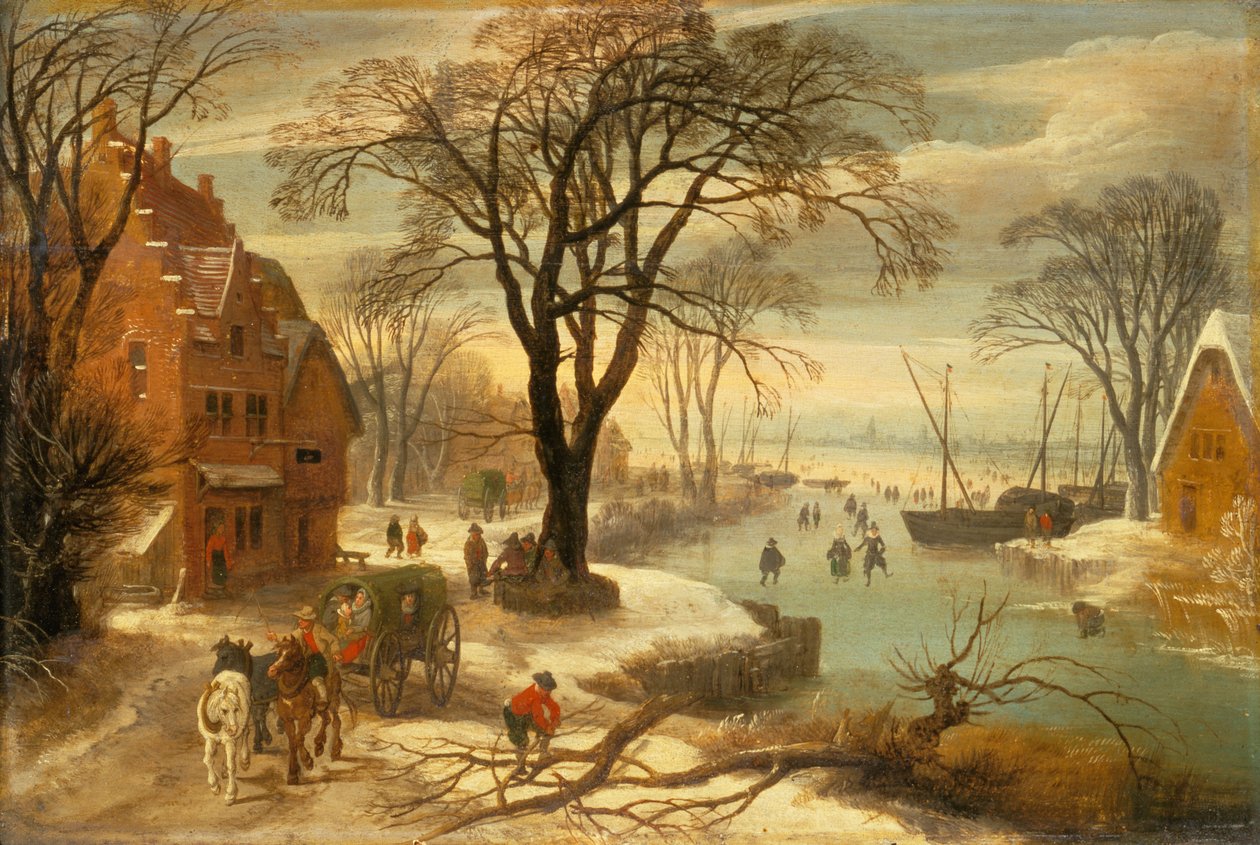 Téli táj városi emberekkel a jégen (olaj) alkotó: Jan and Momper Joos de Brueghel