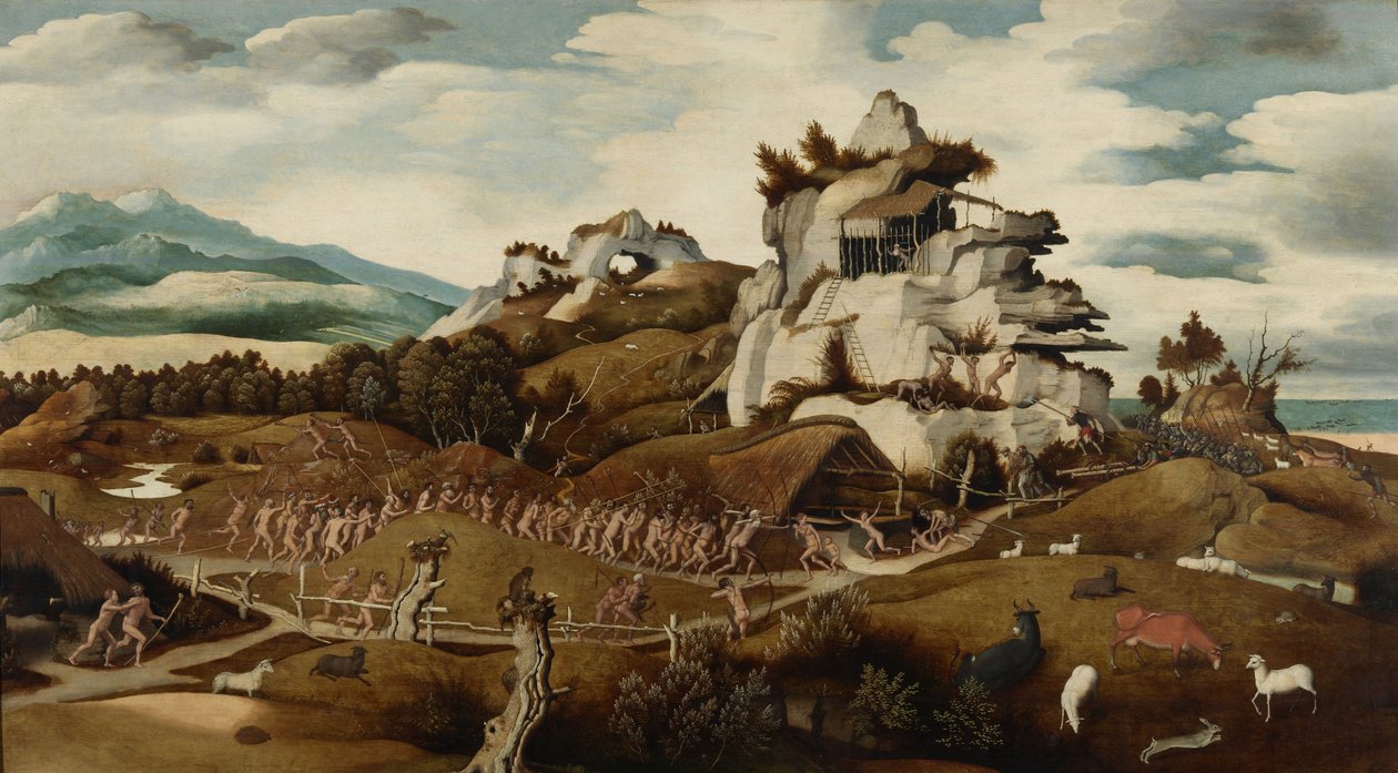 Tájkép Amerika meghódításának epizódjával, 1535 körül alkotó: Jan Mostaert