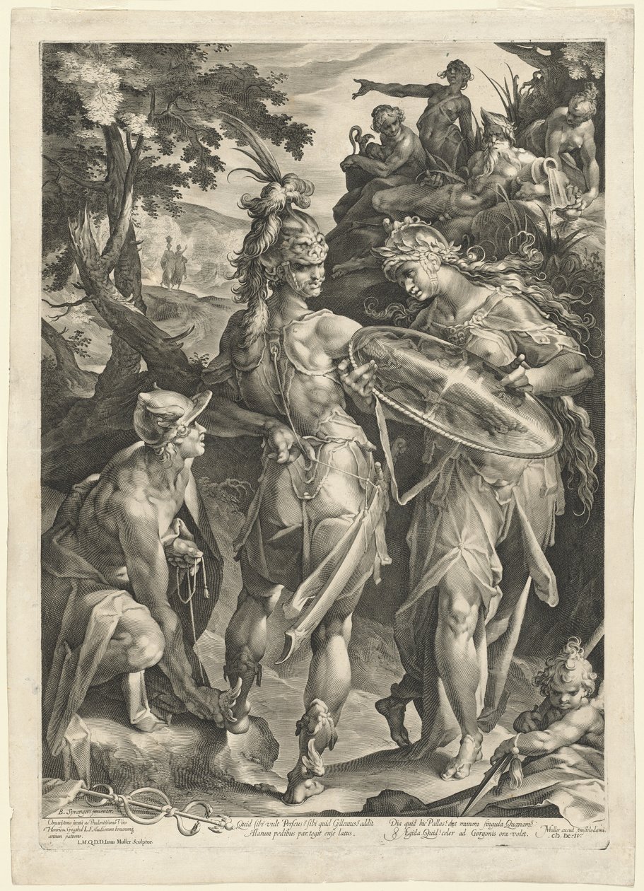 Minerva és Mercury felfegyverzi Perseust alkotó: Jan Muller, after Bartholomaeus Spranger