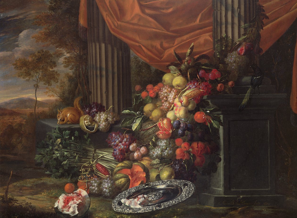 Gyümölcscsendélet tájkép környezetben alkotó: Jan Pauwel the elder Gillemans