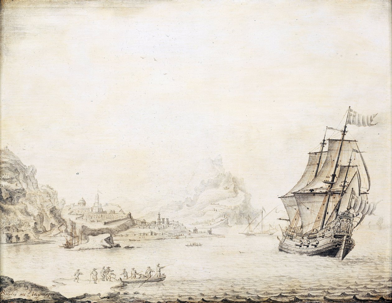 Egy brit hajó 1677-ben a törökországi Satalia partjainál, sziklás partvidékkel, ősi városfalakkal és minaretekkel körülvéve. Olaj, fa alkotó: Jan Peeters