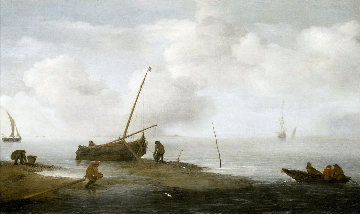 Kagylóhalászat, egy halászhajó a parton, és három férfi szorgalmasan gyűjti a kagylókat a kosarába. Olaj, vászon, 1622, Jan Porcellis (1580-1632) alkotása. alkotó: Jan Porcellis