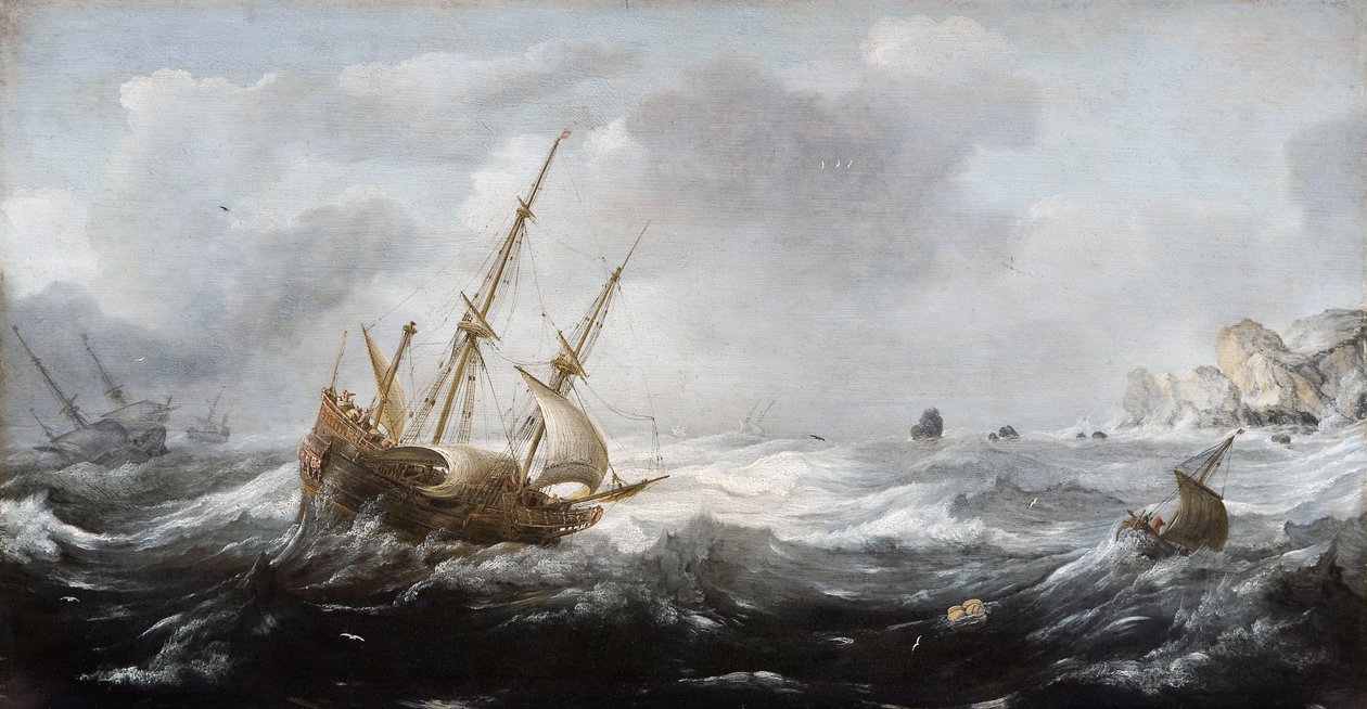 Hajók viharban a sziklás parton, 1614-1618 alkotó: Jan Porcellis