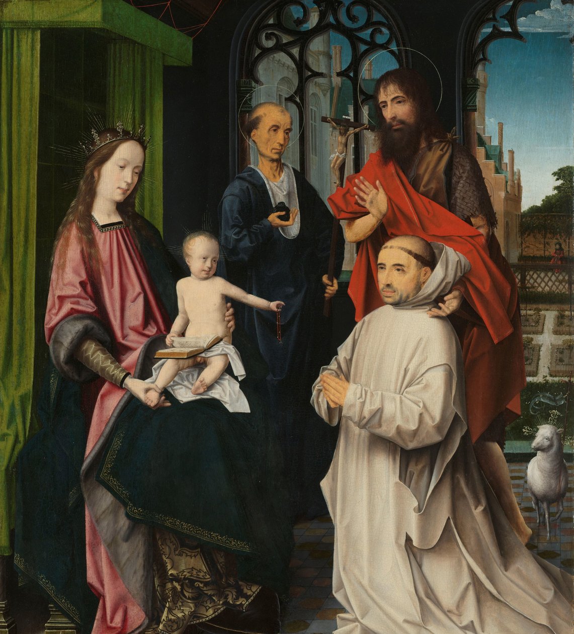 Szűz és gyermek trónol, Szent Jeromos és Keresztelő Jánossal és egy karthauzi szerzetessel A trónoló Madonna Szent Jeromos és Keresztelő Jánossal, valamint egy térdelő karthauzi szerzetessel alkotó: Jan Provoost (attributed to)