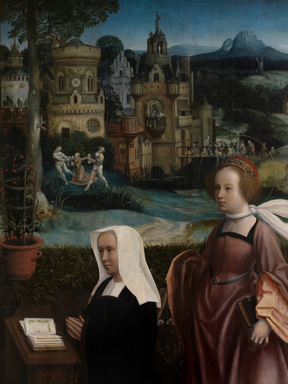 Részlet a donorról Szent Miklóssal és az adományozó feleségéről Szent Godelivával, 1515-21 körül (olaj, tábla) alkotó: Jan Provoost