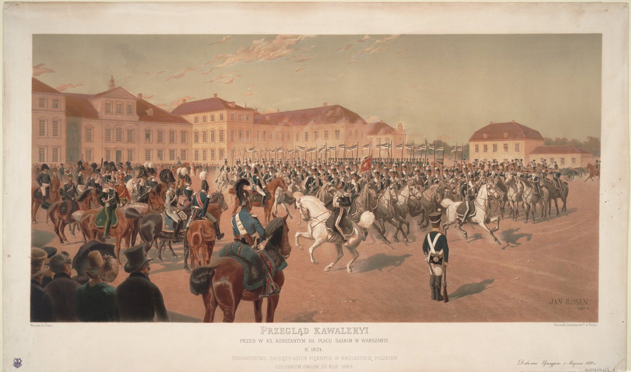 Konstantin Pavlovics orosz nagyherceg a lovassági szemlén a varsói Szász téren, 1824 alkotó: Jan Rosen