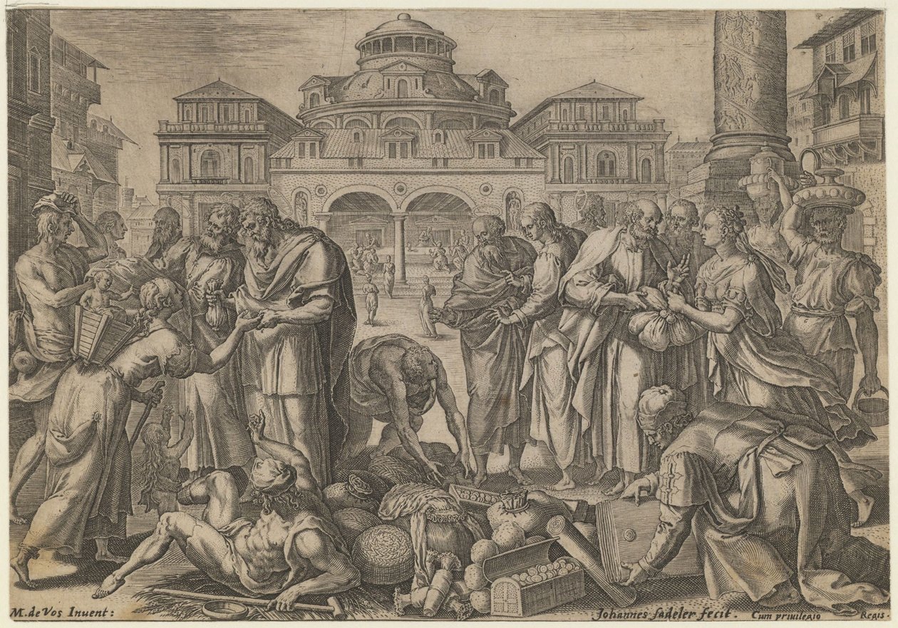 Az apostolok szétosztják a pénzt a rászorulóknak, kb. 1600 alkotó: Jan Sadeler