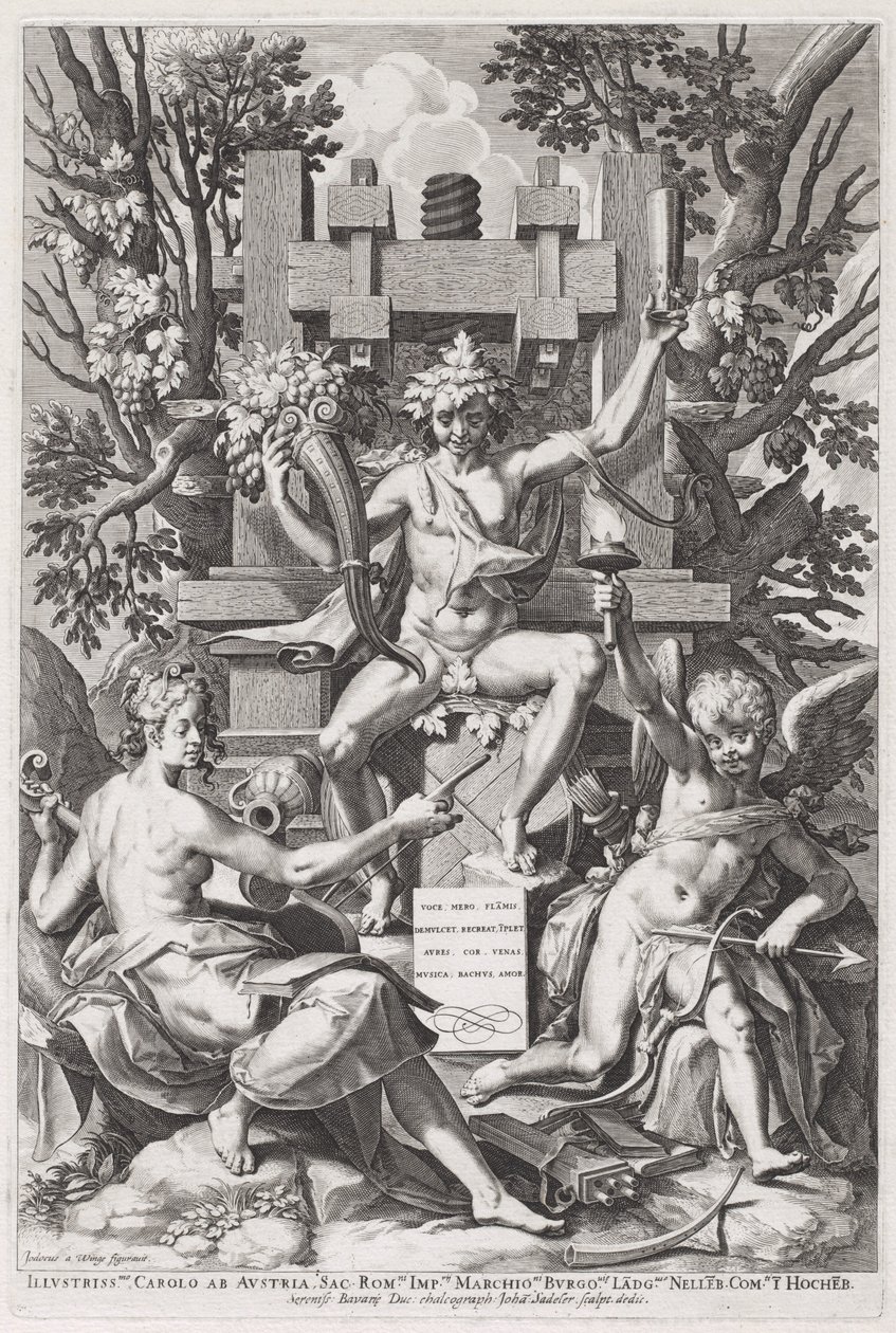 Bacchus egy hordón ül Amor és a zene között alkotó: Jan Sadeler I, after Joos van Winghe