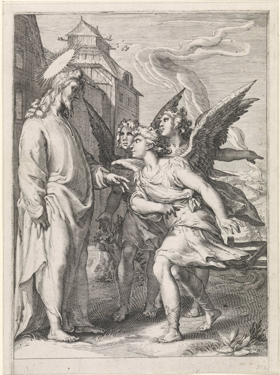 Krisztus három angyallal Példabeszéd a gyomokról a gabona között (sorozat címe) alkotó: Jan Saenredam (attributed to)