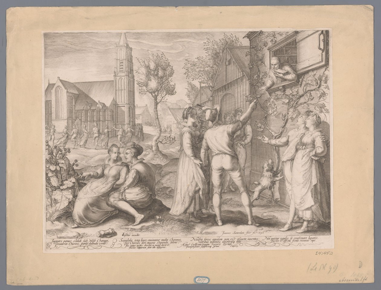 Jonge paren die poulet maken en dansen, 1596 Hatalmas kenyérstolich Moses Choragi Mereriti Chorei alatt, a kenyér szánalmas lett (...) (cím a tárgyon) alkotó: Jan Saenredam