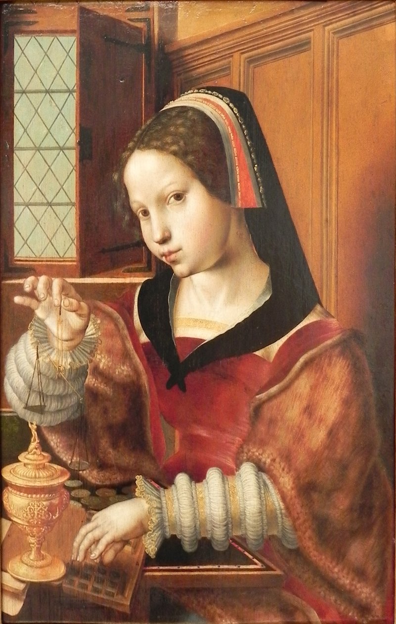 Német: Die Goldwägerin Az aranyat mérő nő
 Alternatív cím(ek): A Gold Goldwaggine (Gold Goldwaggine):  
Gold Gold: Woman Holding a Balance alkotó: Jan Sanders van Hemessen