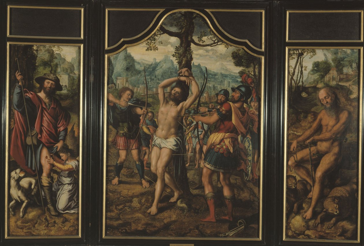 Szent Sebestyén mártíromságának triptichonja (középső kép): Szent Rókus (bal oldali tábla), Szent Onuphre (jobb oldali tábla), Szent Péter (jobb oldali tábla hátlapja), Szent István (bal oldali tábla hátlapja), 1525 és 1566 között (olaj). alkotó: Jan Sanders van Hemessen