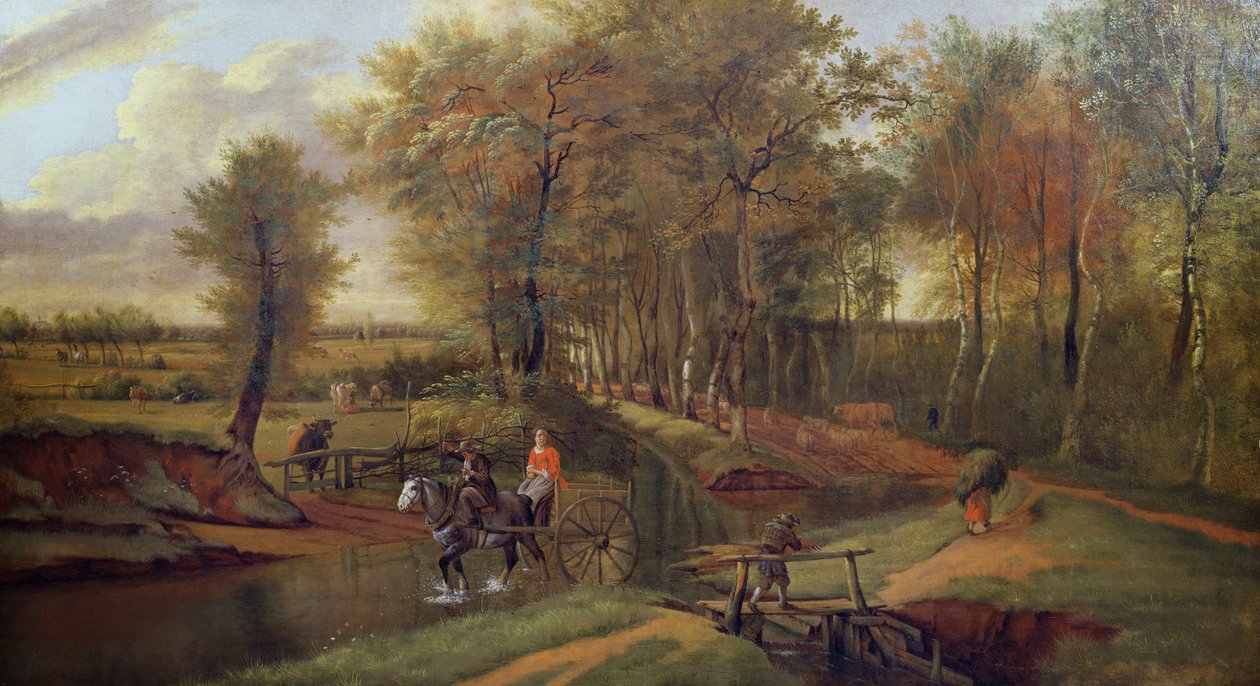 Erdős folyó táj alakokkal, lóval és szekérrel, 1692 alkotó: Jan Siberechts