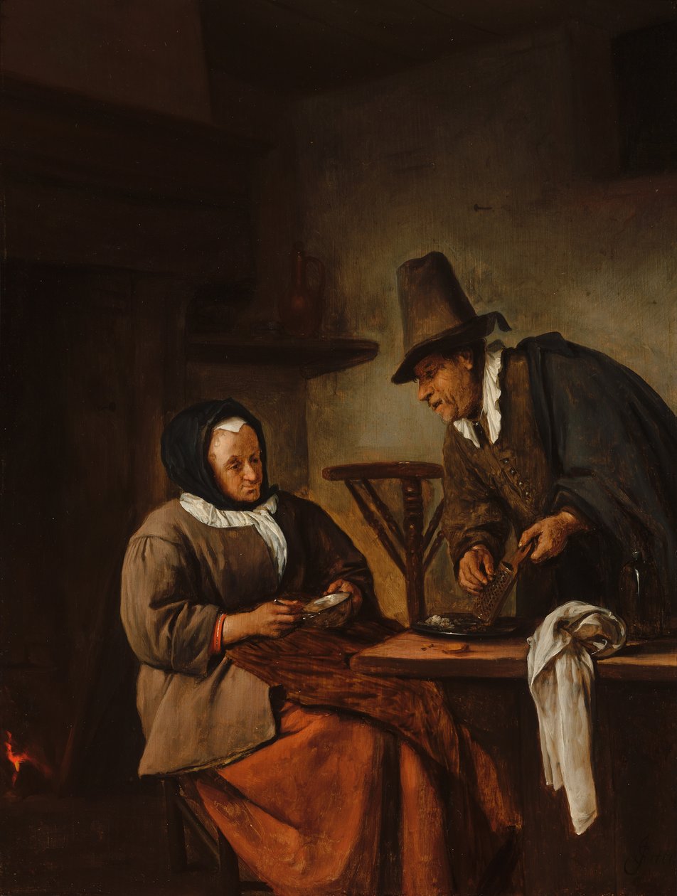 Egy idős pár meleg italt készít alkotó: Jan Steen