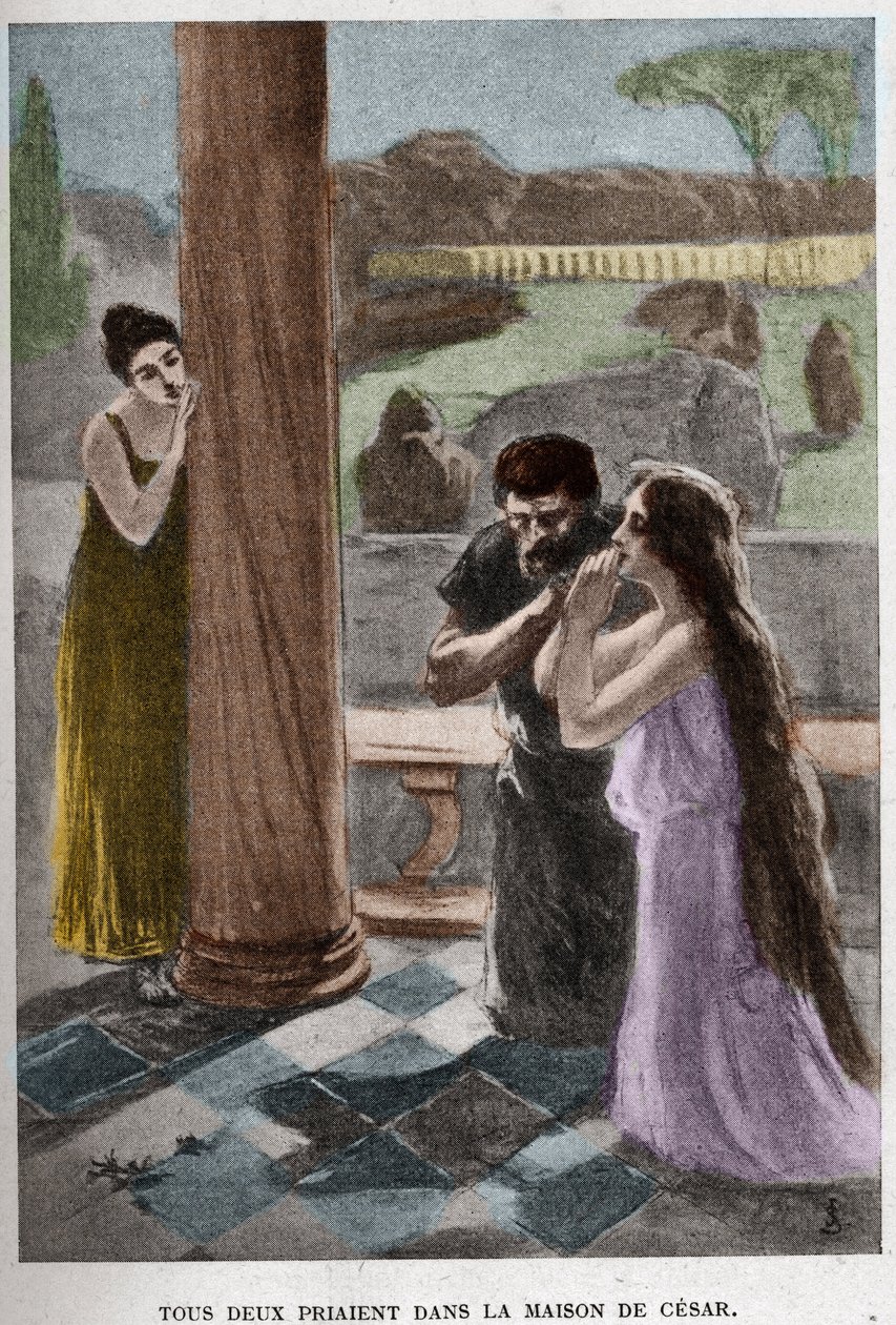 Mindketten Cesar házában imádkoztak (VIII. fejezet) JAN STYKA (1858-1925) illusztrációja Henryk Sienkiewicz „Quo Vadis” című regényéért. alkotó: Jan Styka