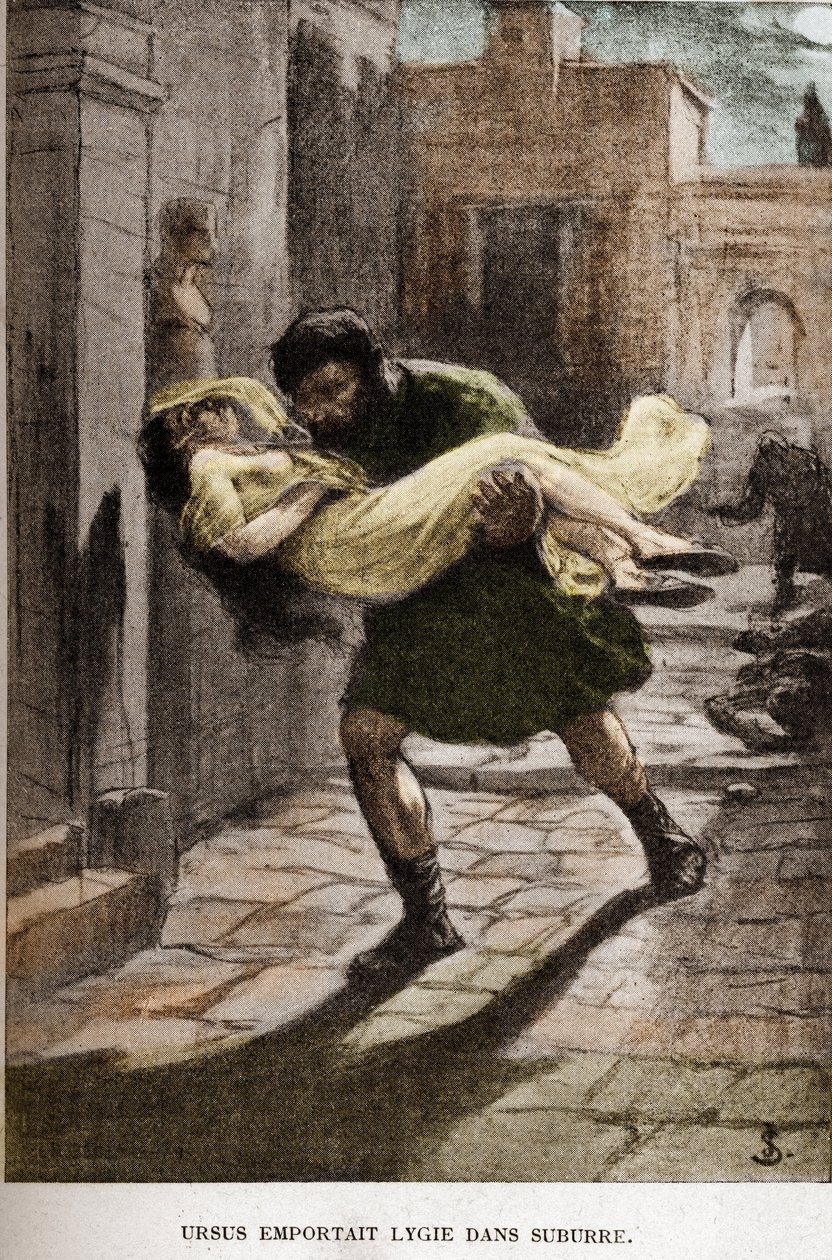 Ursus elvette Lygie-t a külvárosban (X. fejezet), JAN STYKA (1858-1925) illusztrációját Henryk Sienkiewicz „Quo Vadis” című regényéhez. alkotó: Jan Styka