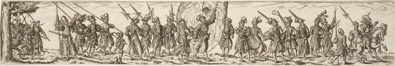Katonavonat, középen zászlóvivő alkotó: Jan Theodor de Bry