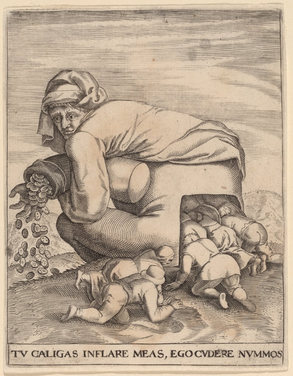 A pénzeszsákos ember és a hízelgői alkotó: Jan Theodor de Bry after Pieter Bruegel the Elder