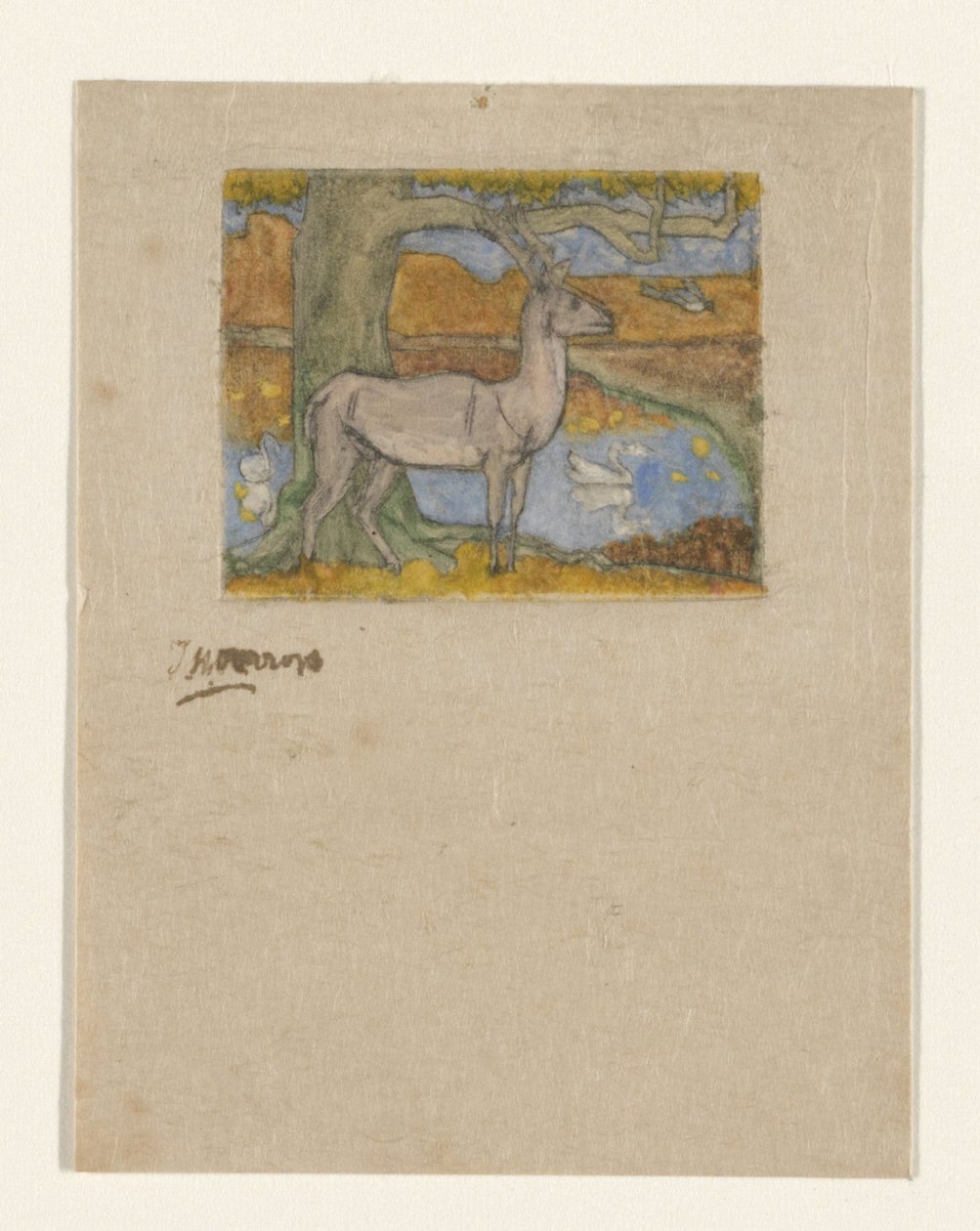 Szarvas egy fa mellett egy tó előtt Szarvas a fa közelében (eredeti cím) alkotó: Jan Toorop (signed by artist)