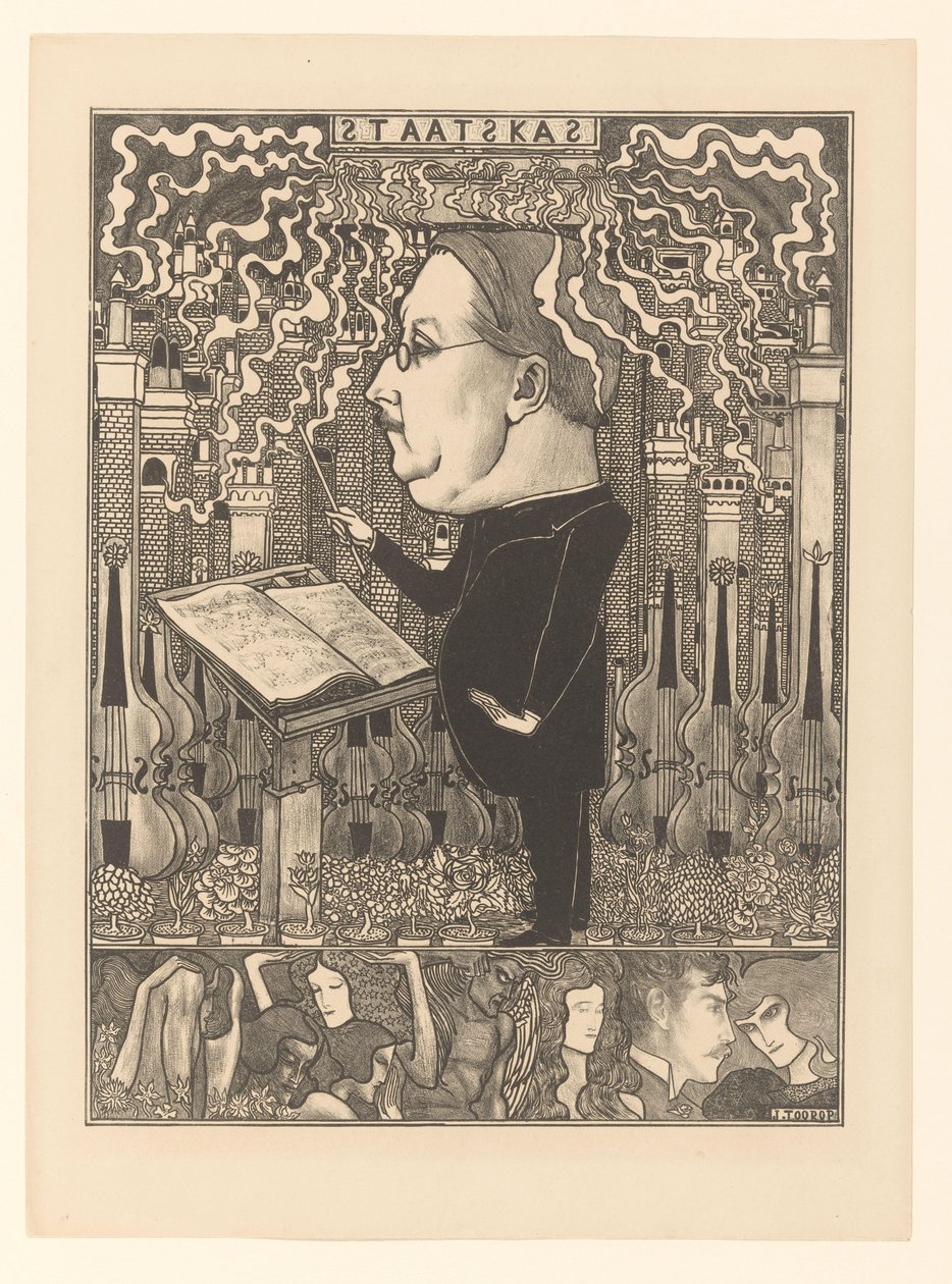 Karmester hegedűkkel és füstölgő kéményekkel mögötte Az Államkincstár / The Hearth Cities (eredeti cím) alkotó: Jan Toorop