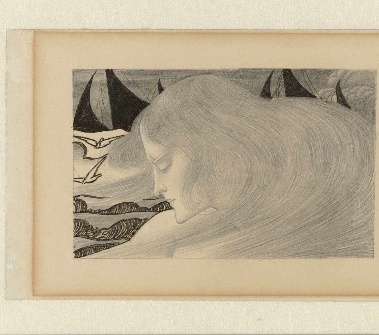 Fiatal nő hullámos hajjal a tenger előtt a hajókkal alkotó: Jan Toorop