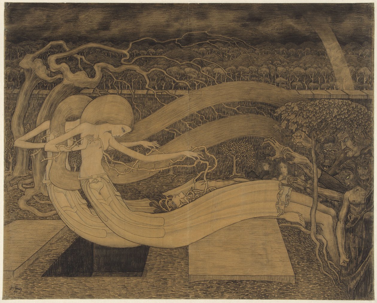 Ó, Grave, hol van a te győzelmed? Két nő egy férfi mellett és egy nyitott sír Ó, sír, hol a te győzelmed alkotó: Jan Toorop