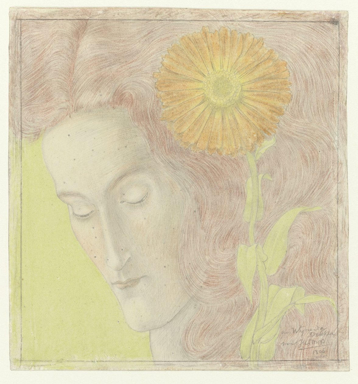 Női fej vörös hajjal és krizantém alkotó: Jan Toorop