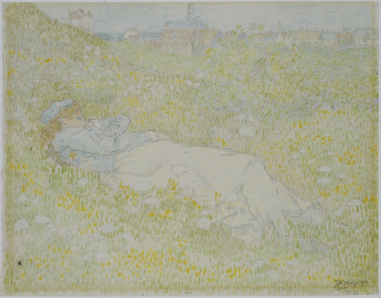 Nő feküdt a dűnékben Noordwijk közelében Lány feküdt a fűben, Noordwijk sziluettje a háttérben alkotó: Jan Toorop