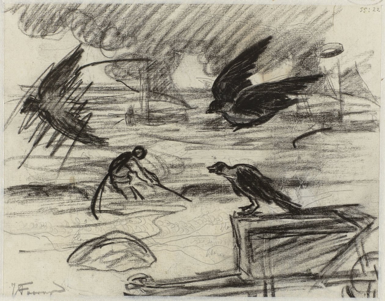 Tengeri táj halász, az előtérben egy talicska madarakkal alkotó: Jan Toorop