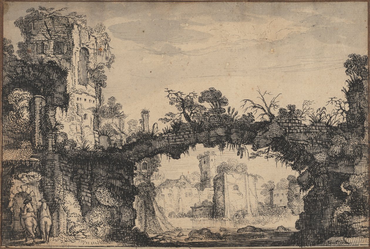 Tájkép romokkal (recto); női fej és állatok (verso) alkotó: Jan Van de Velde