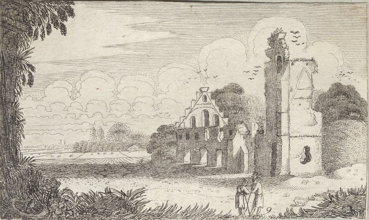 Táj egy romos templommal és két pásztorral beszélgetve alkotó: Jan Van de Velde