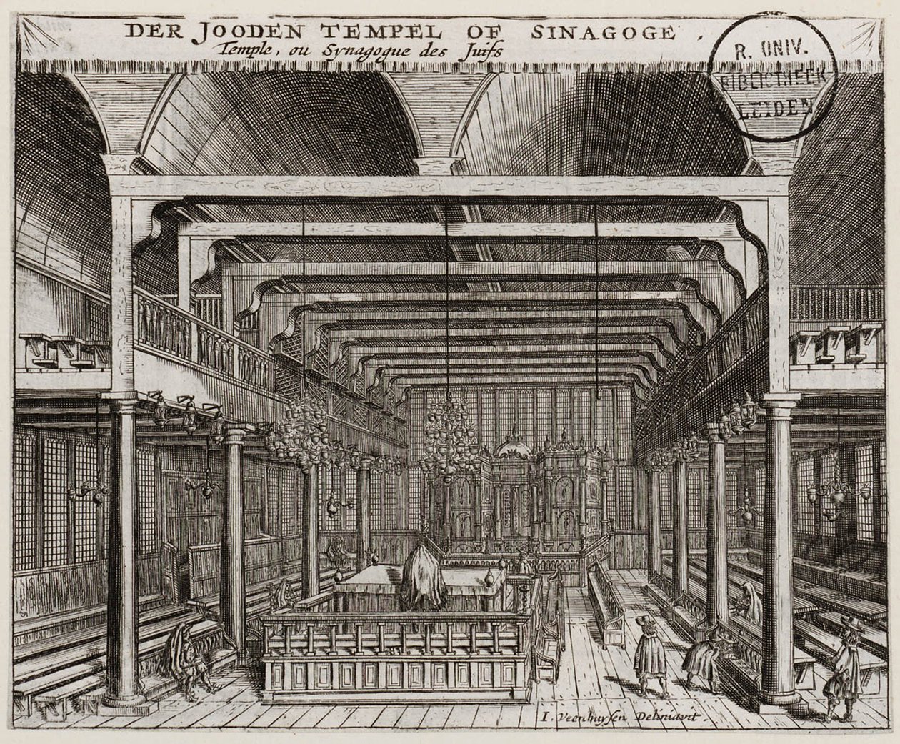 Az amszterdami portugál zsinagóga belseje - Veenhuysen, Jan (aktív 1656-1685) - Rézmetszet - 11,2x13,7 - Leiden Egyetemi Könyvtár alkotó: Jan Veenhuysen