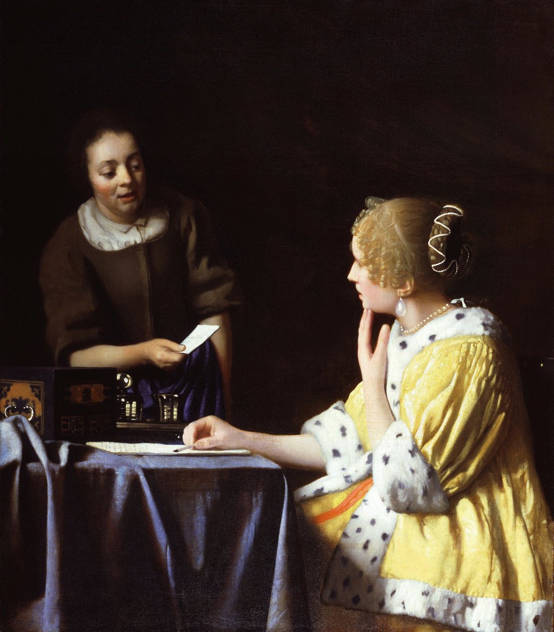 Hölgy a szolgálólányával, aki levelet tart alkotó: Jan Vermeer van Delft
