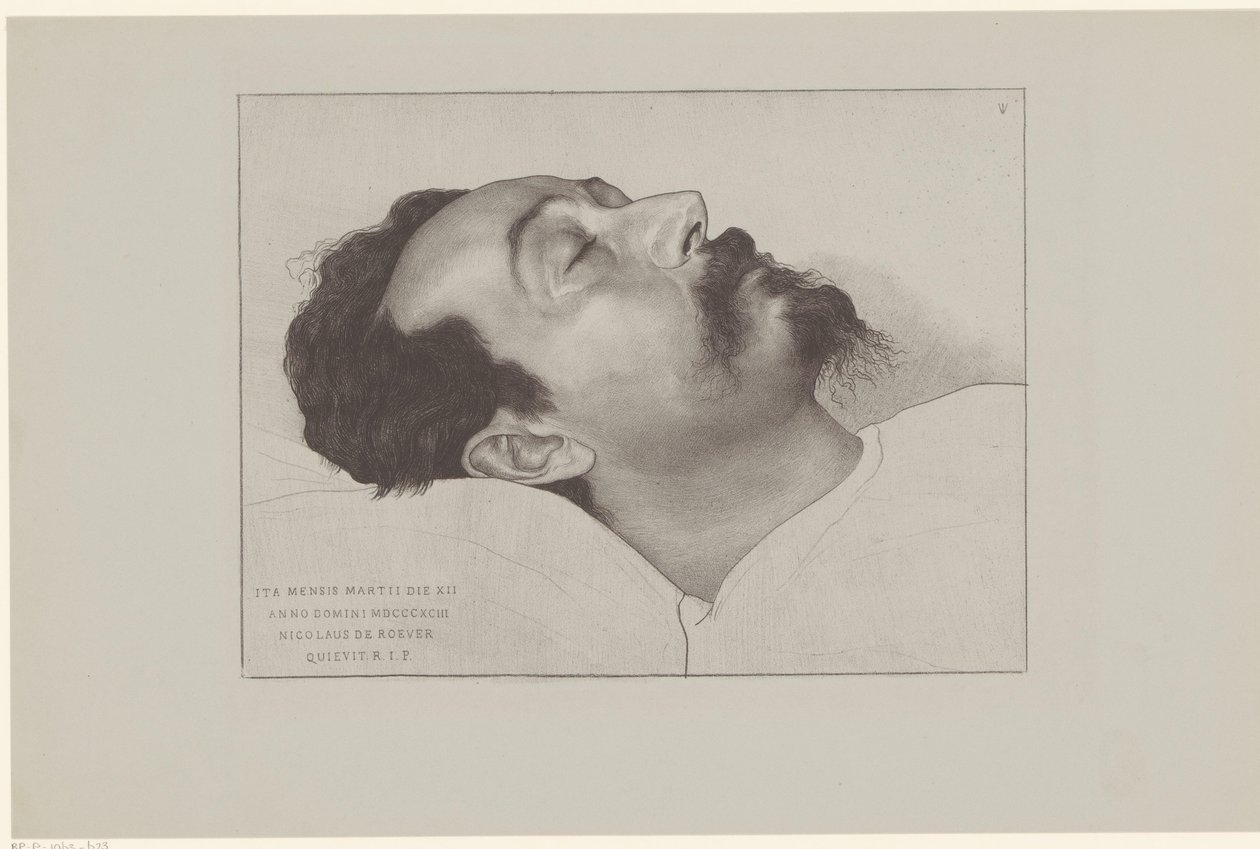 Nicolaas de Roever op zijn doodsbed Így 18903. március 12-én Nicholas de Roever pihentette R.I.P. (cím a tárgyon) alkotó: Jan Veth