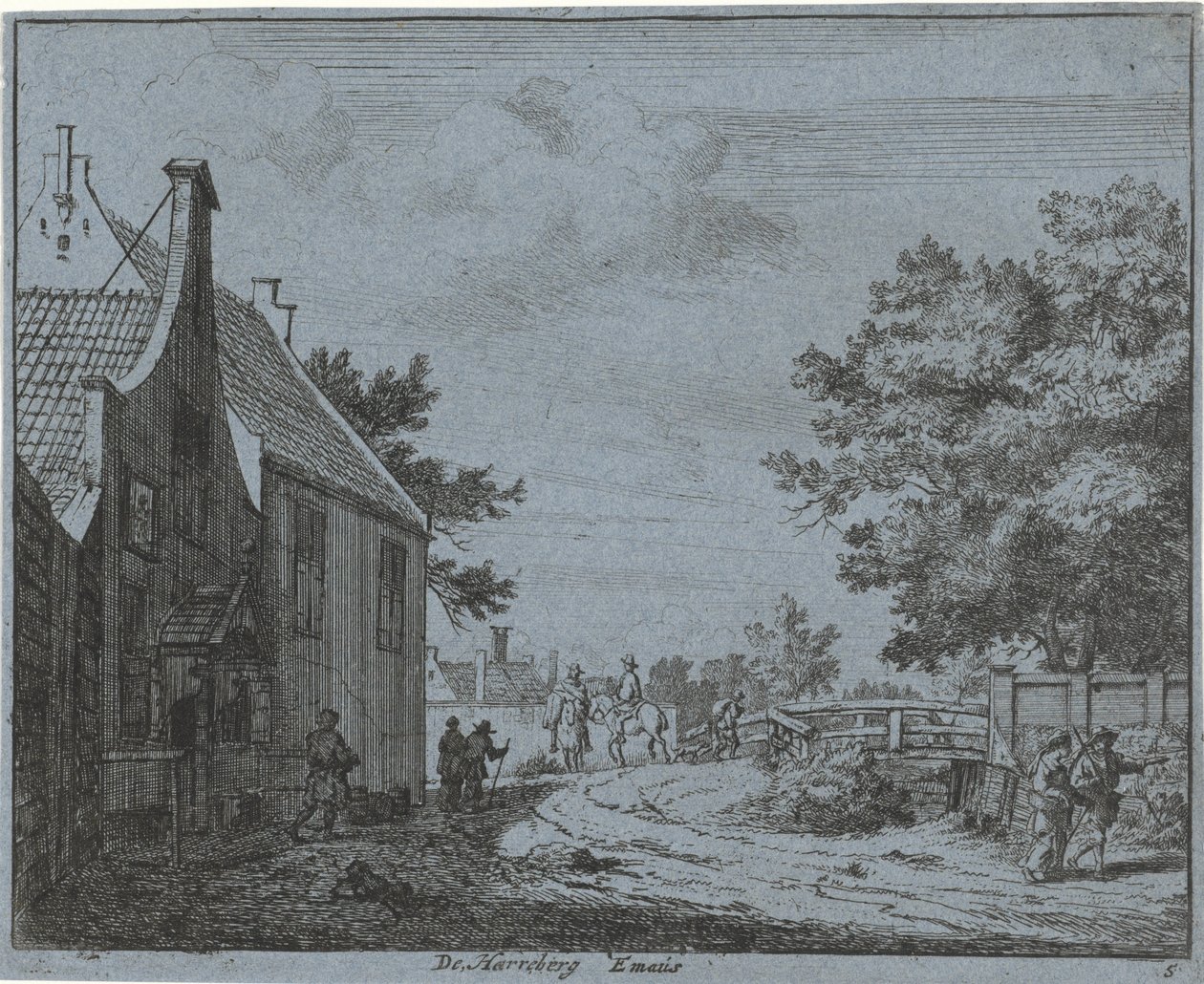 Kilátás az Emaus fogadóra A Harreberg Emaus (cím a tárgyon) Haarlem tájai (sorozat címe) Gesigten Haarlemen kívül, Kész. J.V.V. (sorozat címe az objektumon) alkotó: Jan Vincentsz. van der Vinne