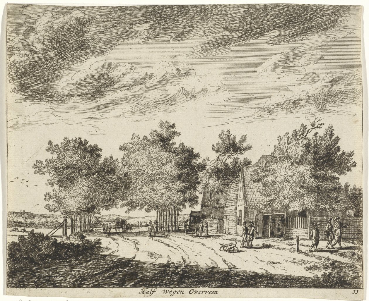 Félig bordázott táj Súly félig Overveen (cím a tárgyon) Haarlem tájai (sorozat címe) Gesigten Haarlemen kívül, Kész. J.V.V. (sorozat címe az objektumon) alkotó: Jan Vincentsz. van der Vinne