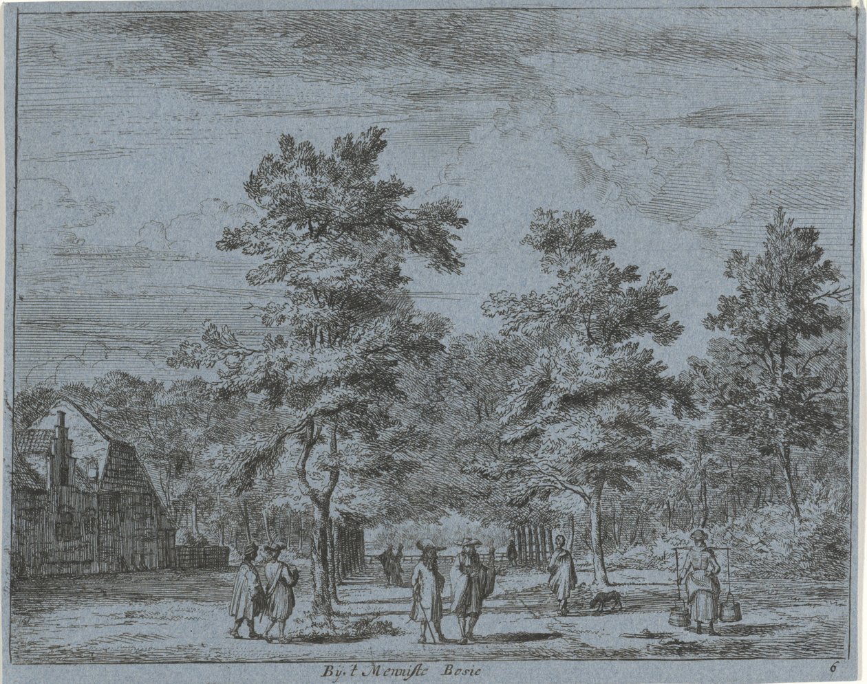 Wandelende figuren op een laan met bomen Bij 