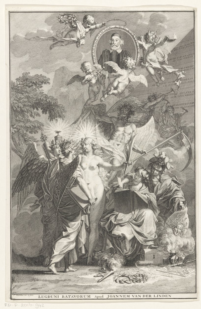 Allegorikus címlap Edward Simson író portréjával Címlap ehhez: Edward Simson, Chronicon historiam catholicam complectens, 1729 alkotó: Jan Wandelaar