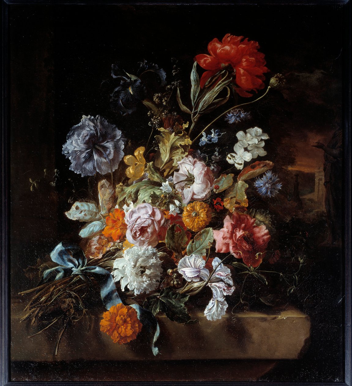 Kőpadra rakott virágcsokor Jan Weenix (1640-1719) festménye 1694 V. 0,74x0,67 m Lyon, Musee des Beaux Arts alkotó: Jan Baptist Weenix