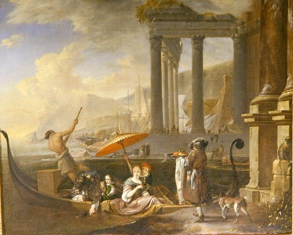 Klasszikus tengeri kikötő romos templommal (olaj, vászon) alkotó: Jan Baptist Weenix