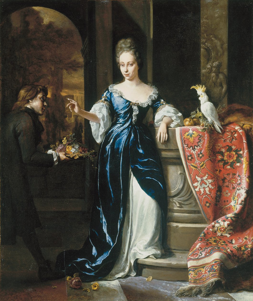 Lodewina Schey portréja kék ruhában, virágokat hordozó kísérővel alkotó: Jan Baptist Weenix