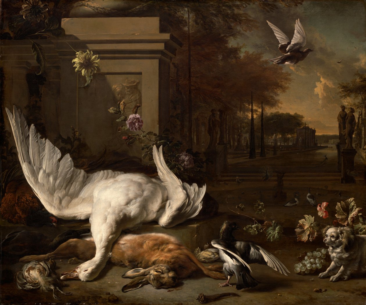 Csendélet hattyúval és vadakkal egy vidéki birtok előtt alkotó: Jan Baptist Weenix