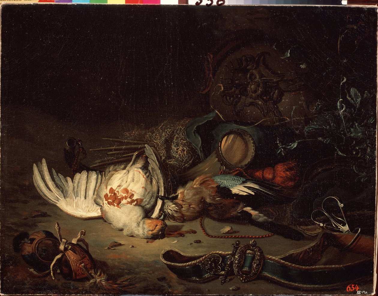 Vadásztrófeák. Jan Weenix ifjabb (1642-1719) festménye. Olaj, vászon, 17. század vége-18. század eleje. Holland művészet, barokk stílus. Állami Szabadtéri Múzeum Peterhof, Szentpétervár. alkotó: Jan Baptist Weenix