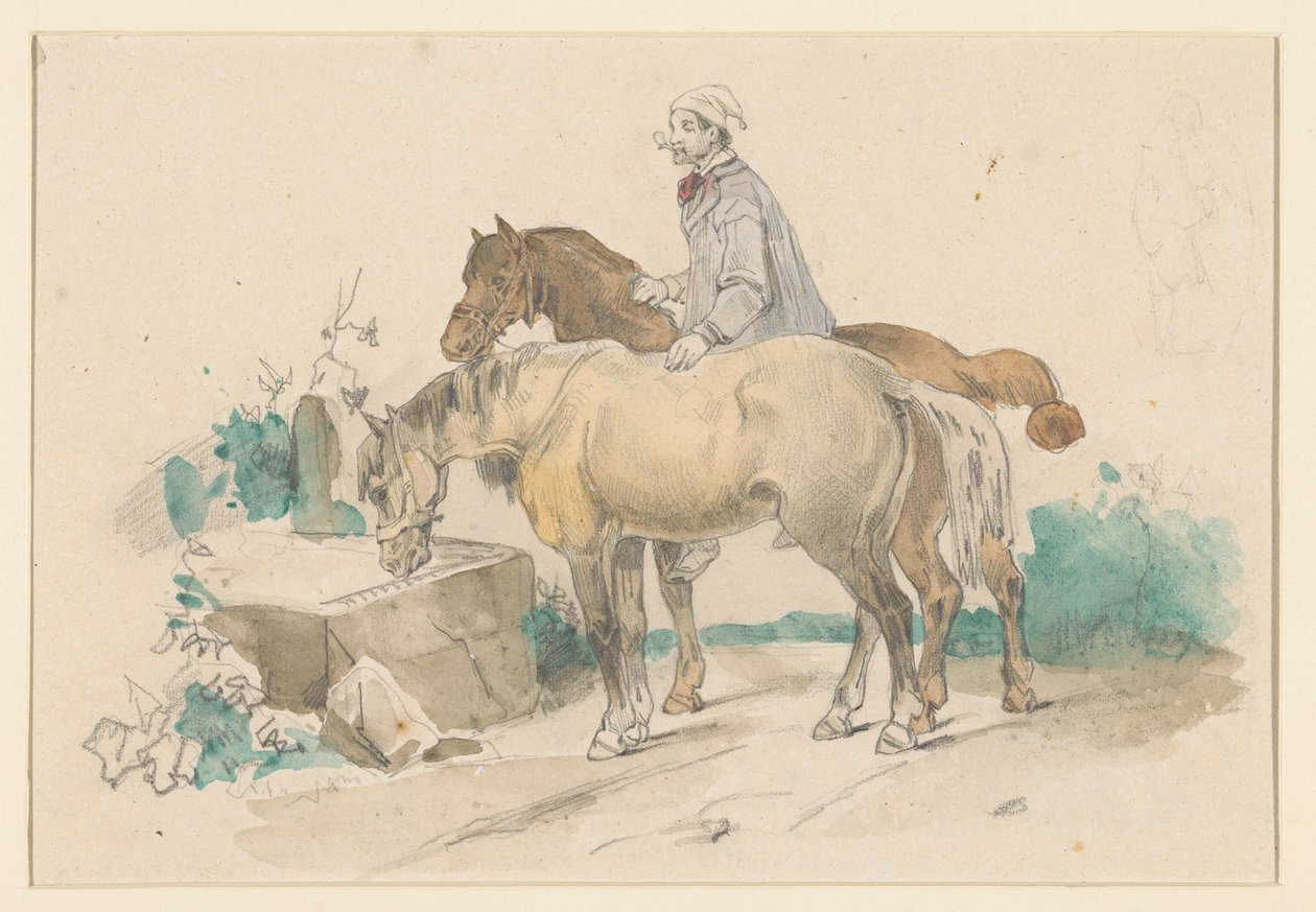 Farmer két lóval egy vályú közelében vízzel alkotó: Jan Weissenbruch