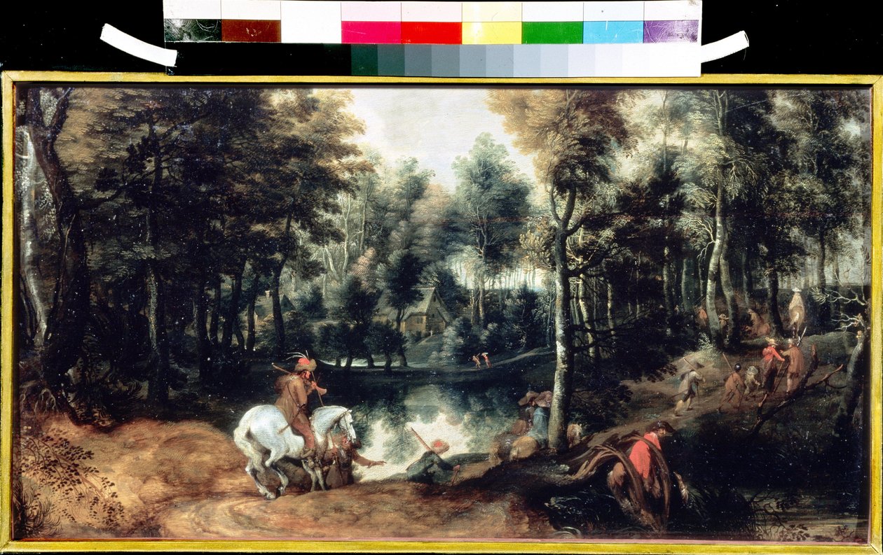 Lovasok egy erdőben. Jan Wildens (1586-1653) festménye. Olaj, fa, 32,5 x 59,3 cm, 1620 körül. Flamand művészet a 16-18. Puskin Szépművészeti Múzeum, Moszkva. alkotó: Jan Wildens