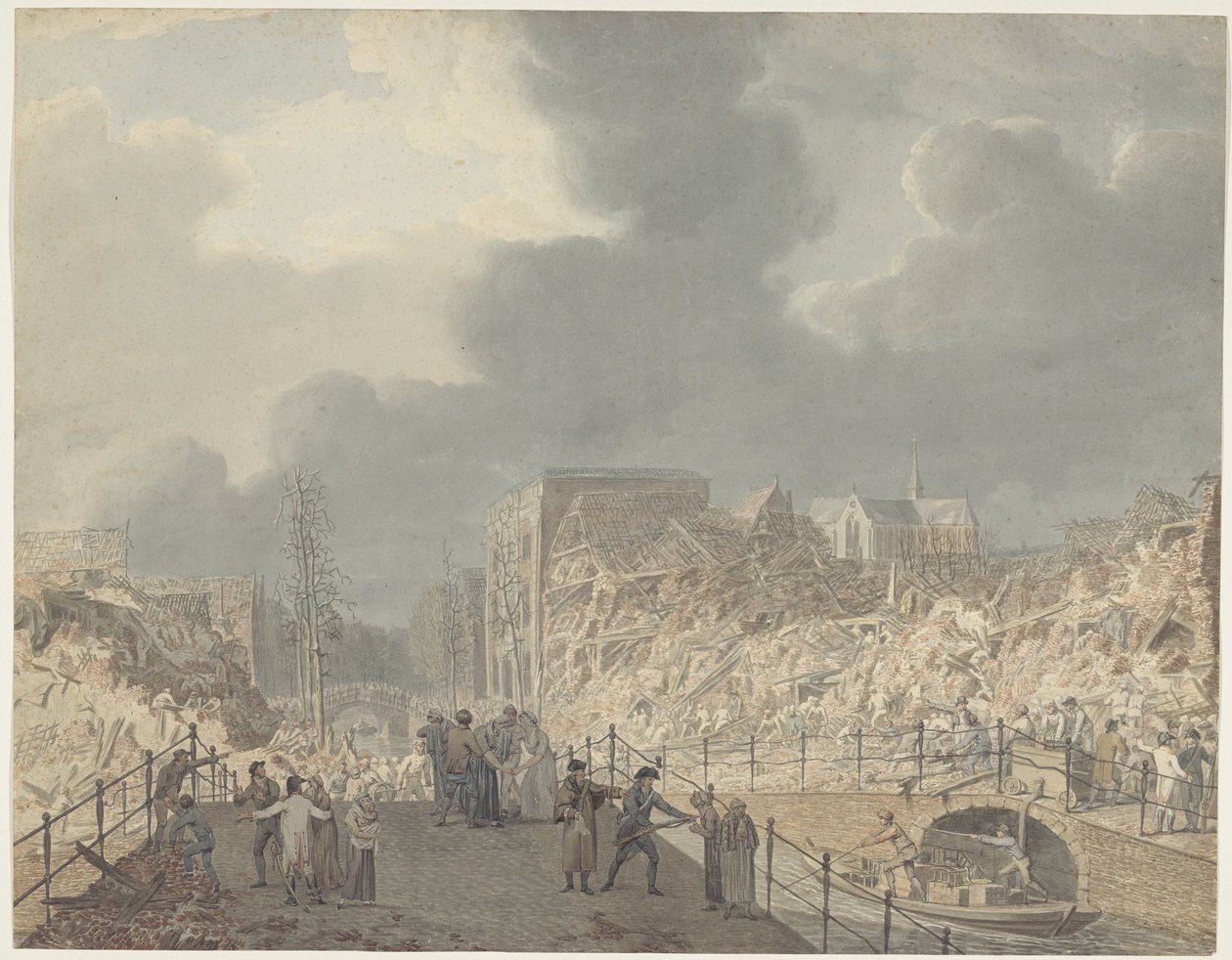 Kilátás a leideni Rapenburg romjaira a puskaporos hajó 1807. január 12-i felrobbanása után alkotó: Jan Willem Pieneman