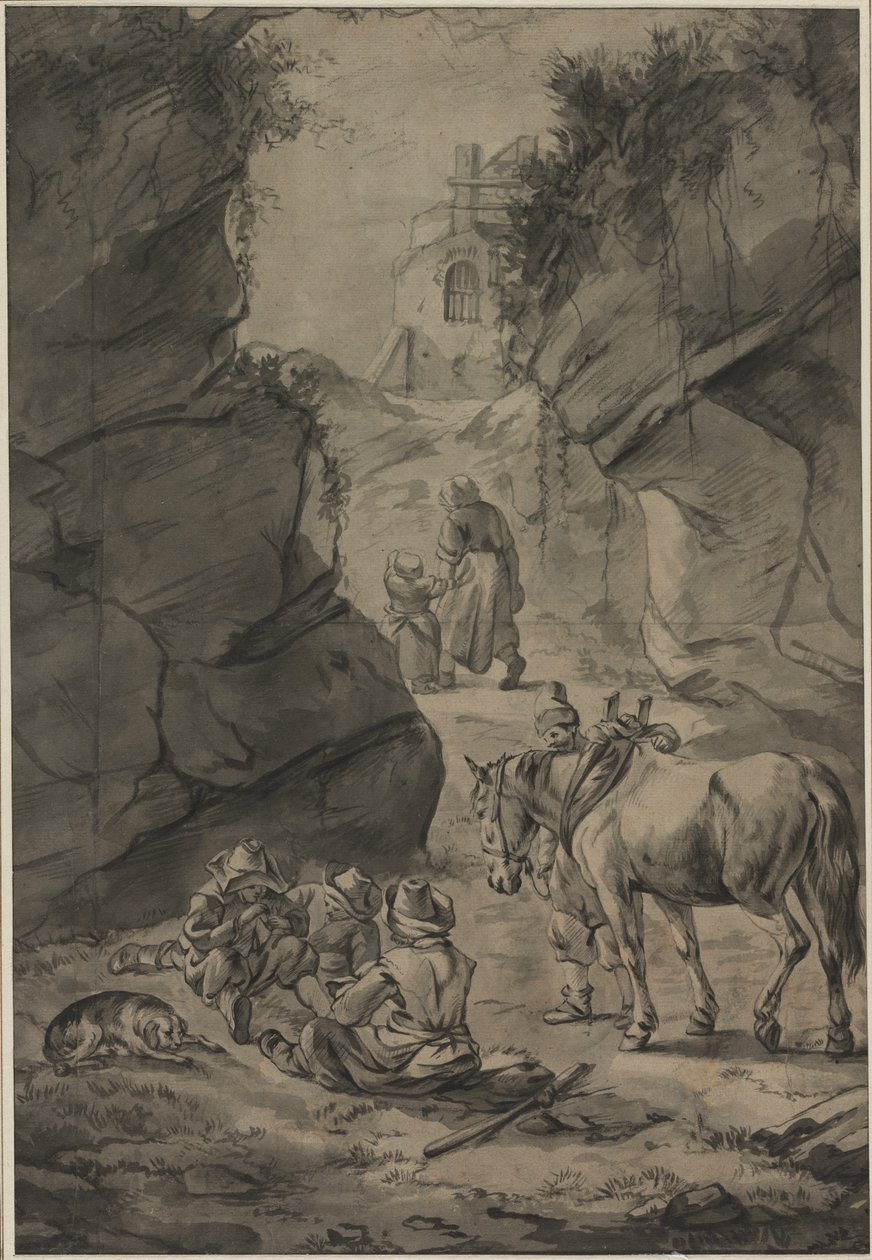 Parasztok egy sziklás tájon, 1600-as évek második harmada. alkotó: Jan Wouwerman