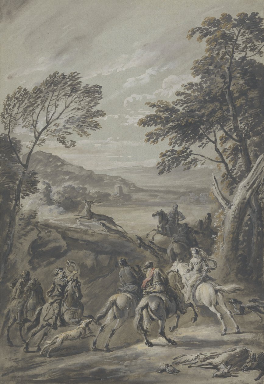 A Staghunt (barna mosás gouache papírban) alkotó: Jan Wyck
